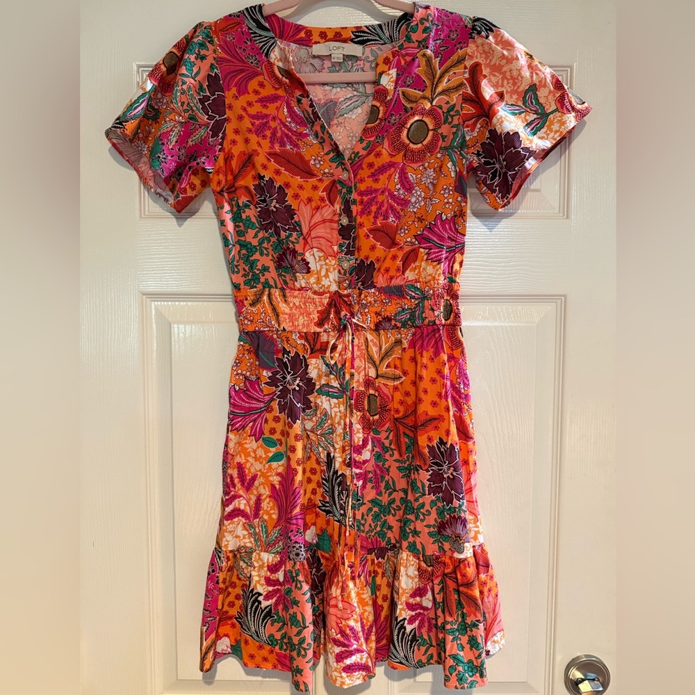 LOFT XS Orange Floral Boho Mini Dress Smocked waist Flutter sleeve